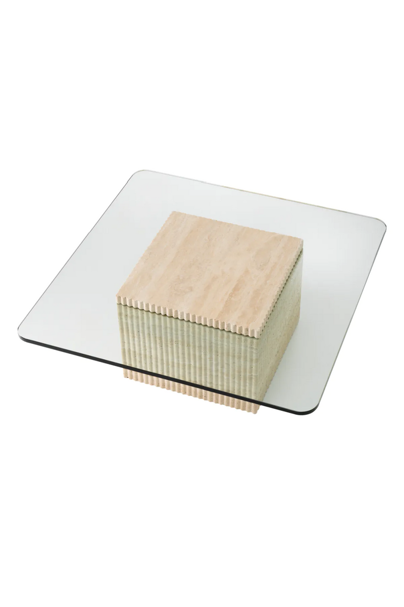 Table basse carrée en travertin et verre transparent | Eichholtz Brindisi | Meubleluxe.fr
