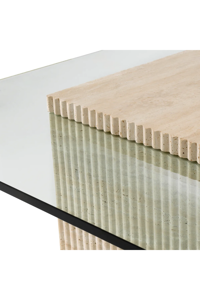Table basse carrée en travertin et verre transparent | Eichholtz Brindisi | Meubleluxe.fr