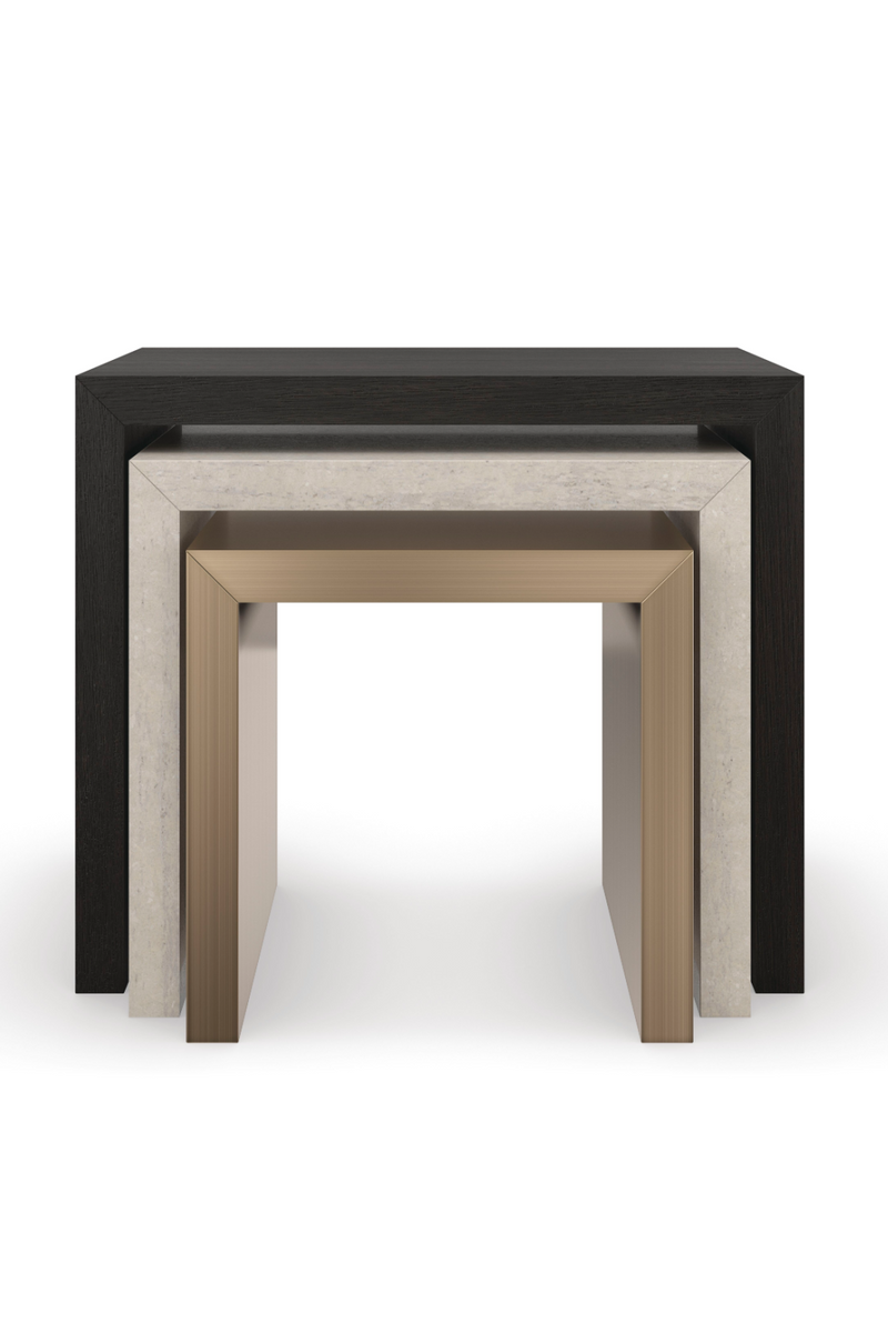 Table d'appoint gigogne en laiton, bois et travertin | Caracole Contrast | Meubleluxe.fr