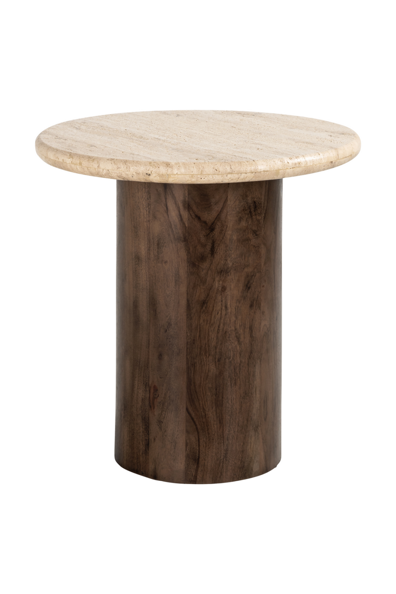 Table d'appoint en travertin et manguier ø 50 cm | Richmond Douglas | Meubleluxe.fr