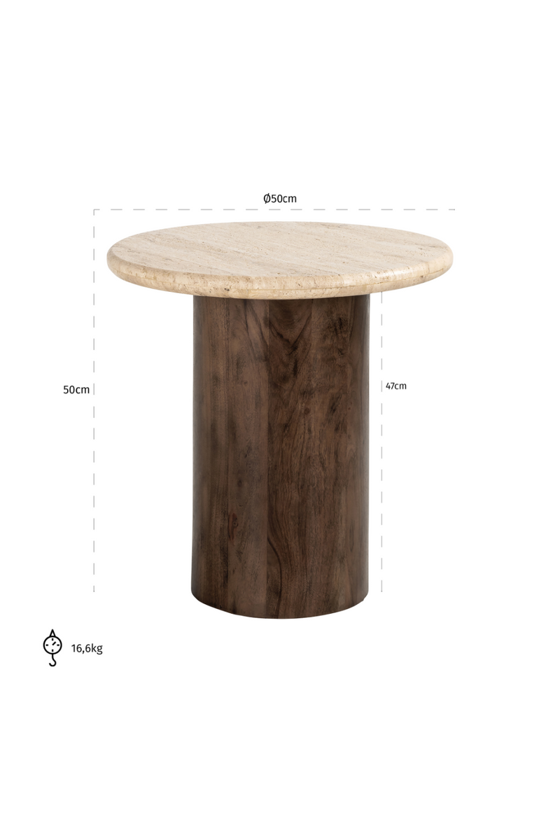 Table d'appoint en travertin et manguier ø 50 cm | Richmond Douglas | Meubleluxe.fr