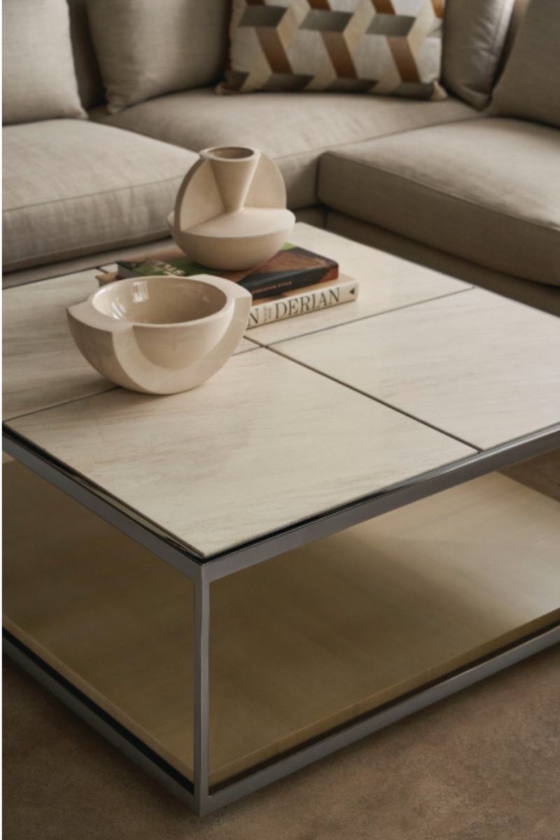 Square bronze and travertine coffee table | Cartesian Caracole